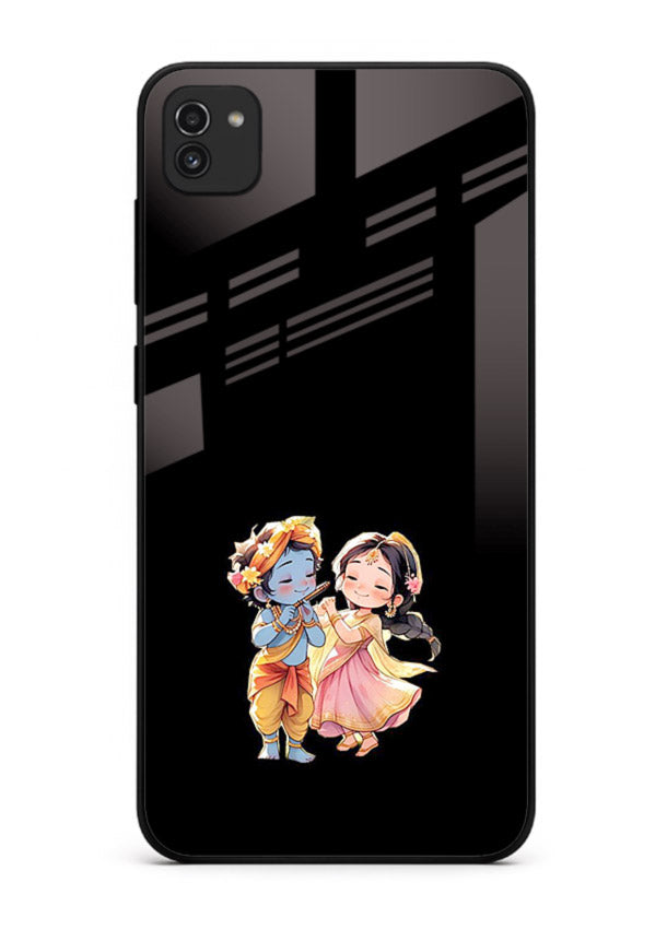 Radha Krishna tiny hearts design Samsung A03 black glass romantic devotional cover