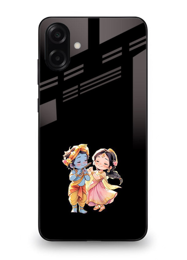 Radha Krishna tiny hearts design Samsung A07 4G black glass romantic devotional cover