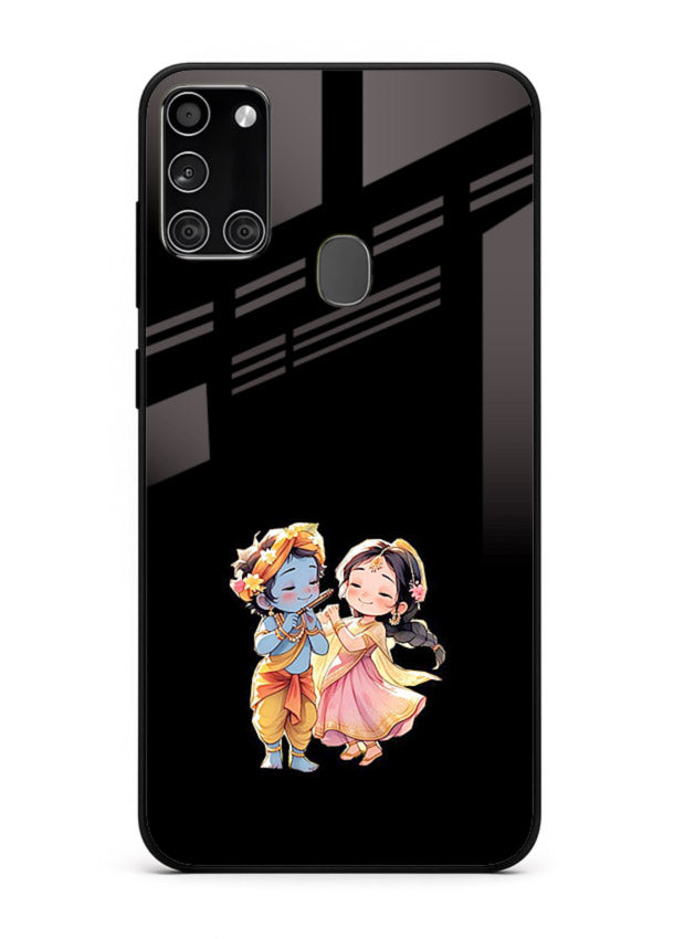 Radha Krishna tiny hearts design Samsung A21s black glass romantic devotional cover