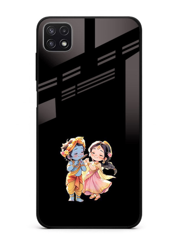 Radha Krishna tiny hearts design Samsung A22 5G black glass romantic devotional cover