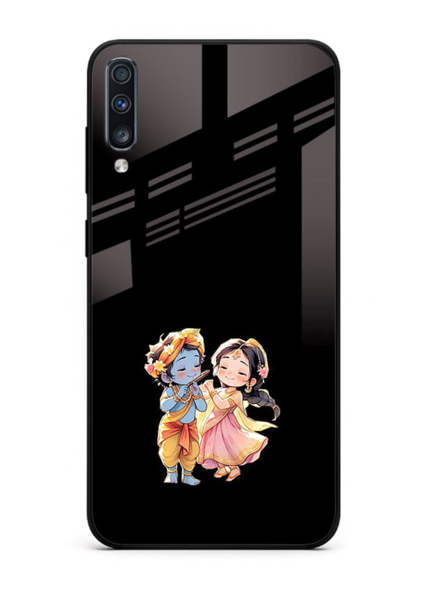 Radha Krishna tiny hearts design Samsung A70 black glass romantic devotional cover