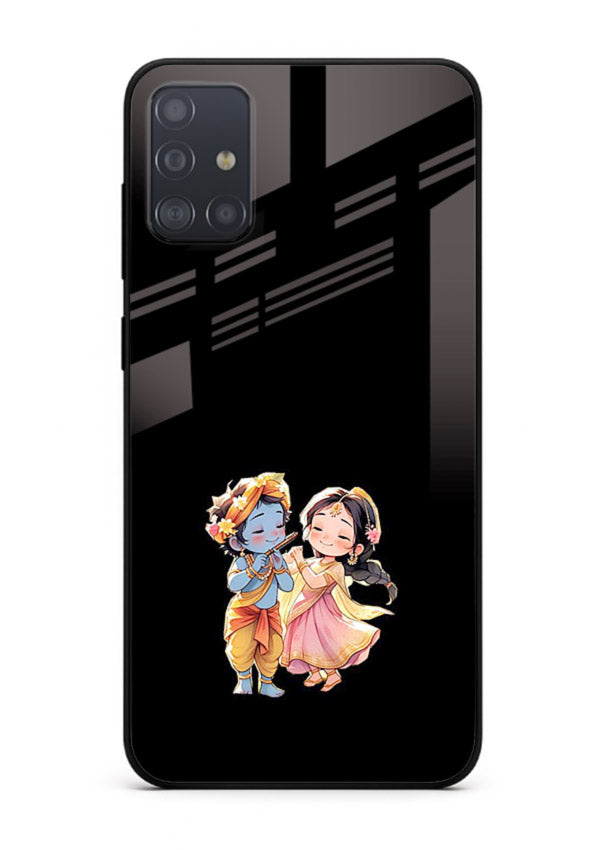 Radha Krishna tiny hearts design Samsung A71 black glass romantic devotional cover