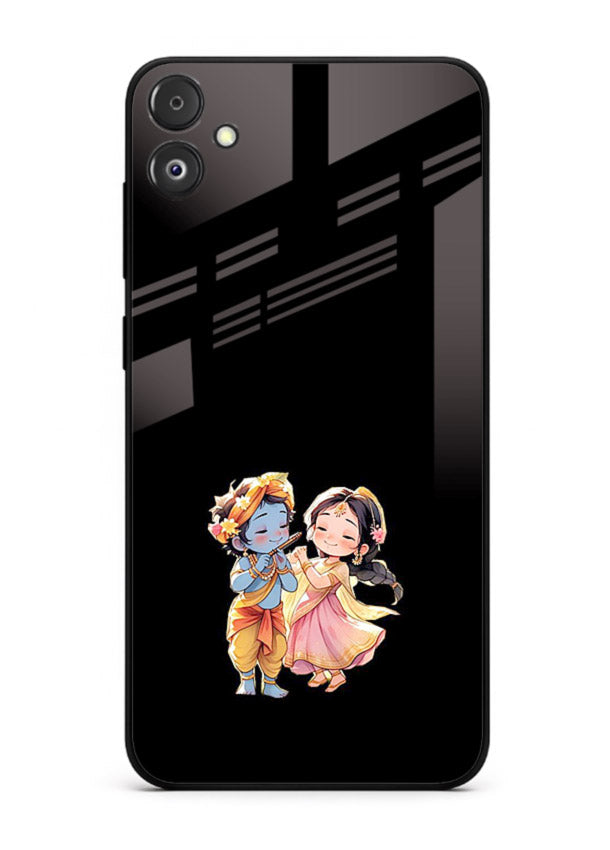 Radha Krishna tiny hearts design Samsung F05 5G black glass romantic devotional cover