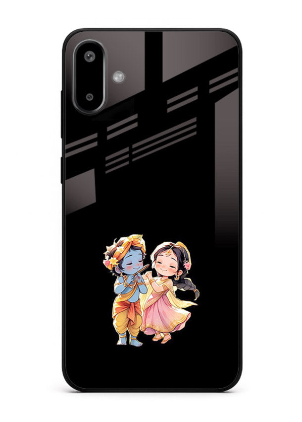 Radha Krishna tiny hearts design Samsung F06 5G black glass romantic devotional cover