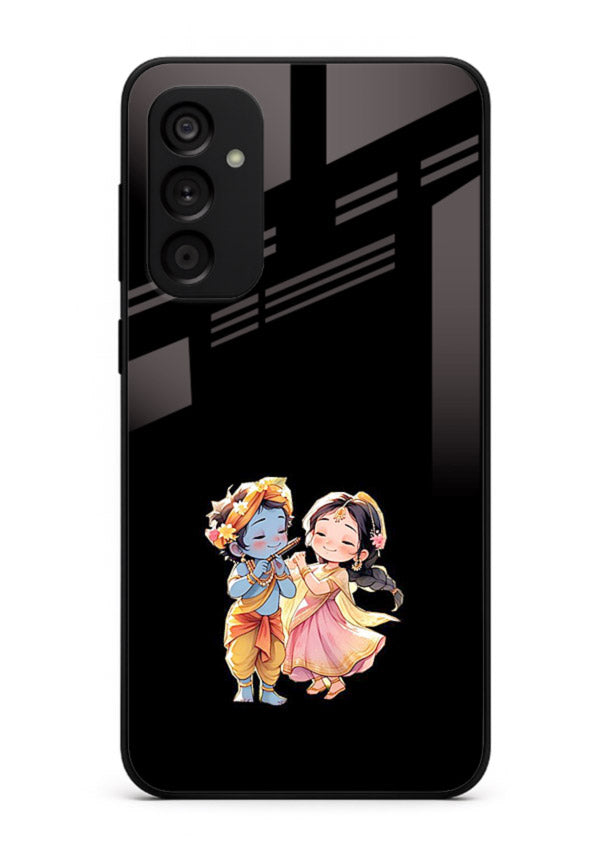Radha Krishna tiny hearts design Samsung F55 5G black glass romantic devotional cover