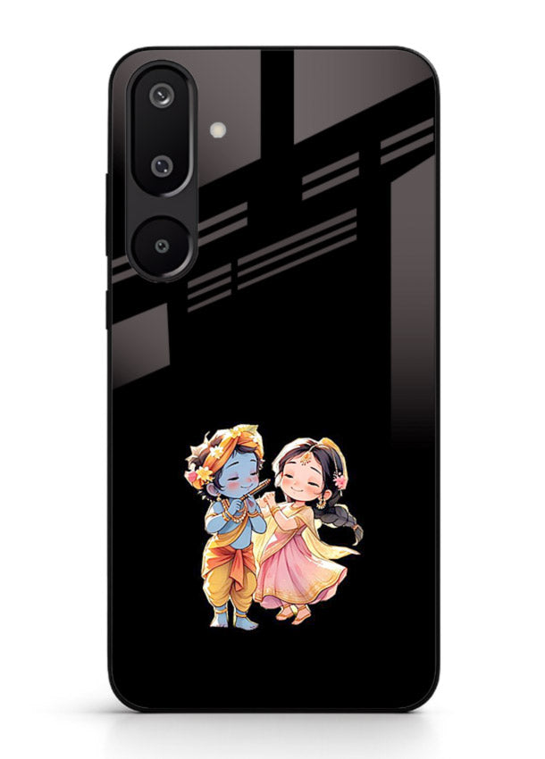 Radha Krishna tiny hearts design Samsung M16 5G black glass romantic devotional cover