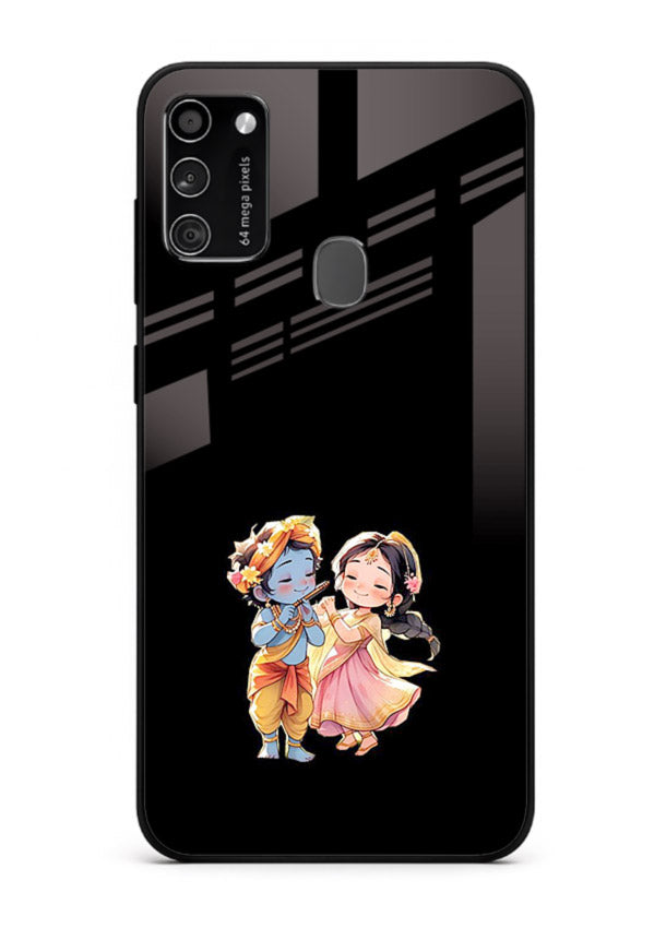 Radha Krishna tiny hearts design Samsung M21 black glass romantic devotional cover