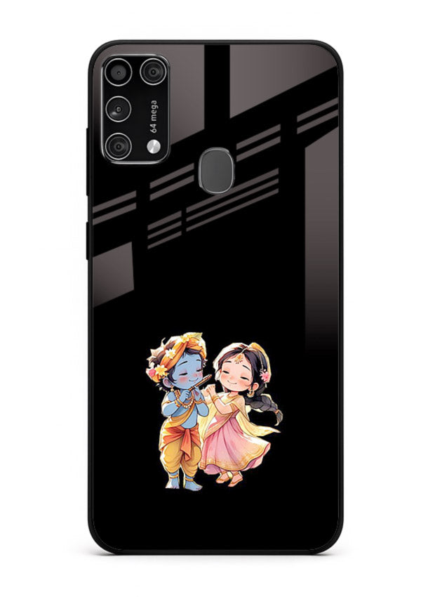 Radha Krishna tiny hearts design Samsung M31 Prime black glass romantic devotional cover