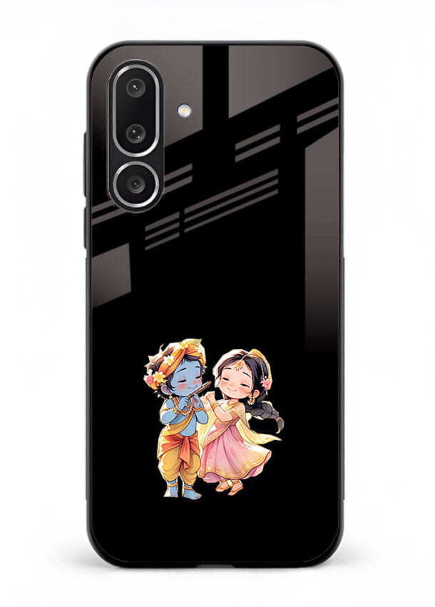 Radha Krishna tiny hearts design Samsung F56 5G black glass romantic devotional cover