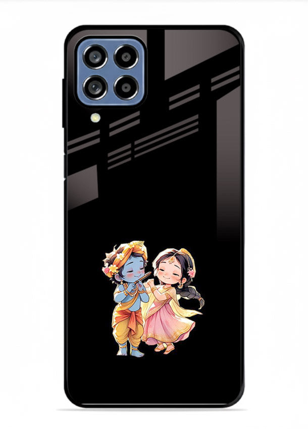 Radha Krishna tiny hearts design Samsung A22 4G black glass romantic devotional cover