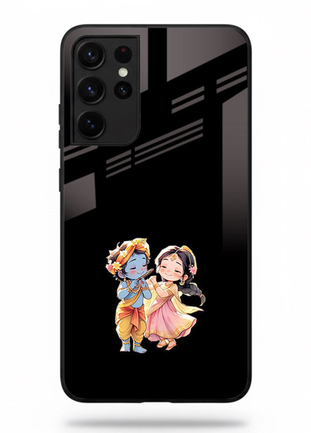 Radha Krishna tiny hearts design Samsung S21 Ultra black glass romantic devotional cover