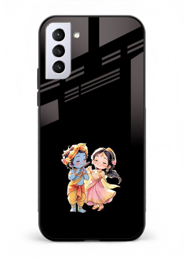 Radha Krishna tiny hearts design Samsung S21 FE black glass romantic devotional cover