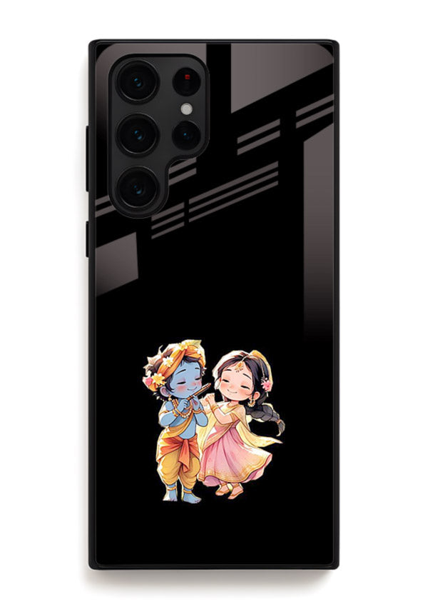 Radha Krishna tiny hearts design Samsung S23 Ultra black glass romantic devotional cover