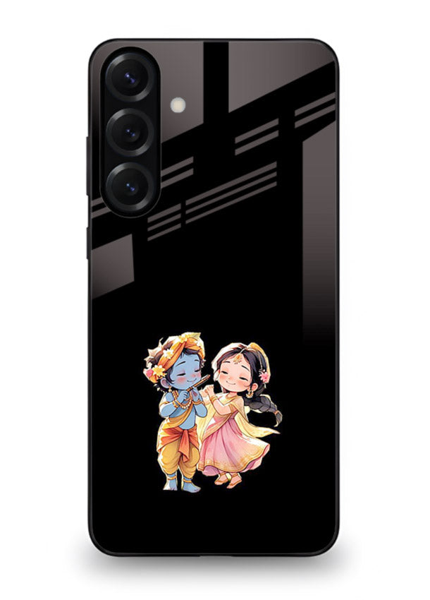 Radha Krishna tiny hearts design Samsung A54 5G black glass romantic devotional cover
