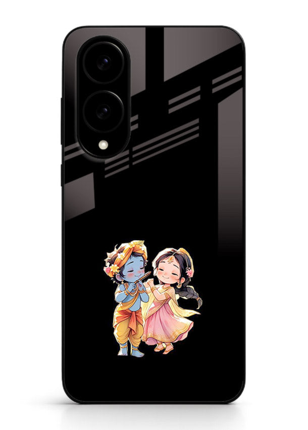 Radha Krishna tiny hearts design Samsung S25 Edge black glass romantic devotional cover