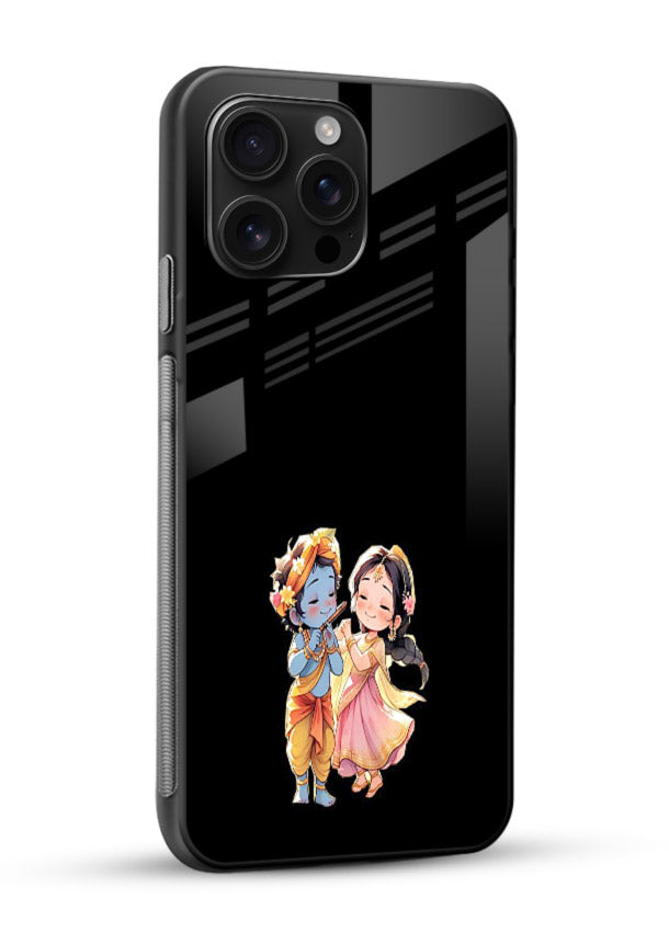 Radha Krishna tiny hearts design glossy vibrant premium black glass romantic devotional cover - Angle Side