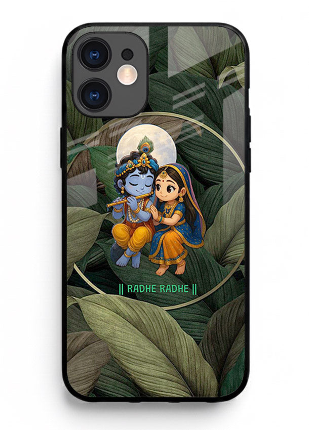 Radha Krishna leaves nature art iphone 12 glass green devotional cover
