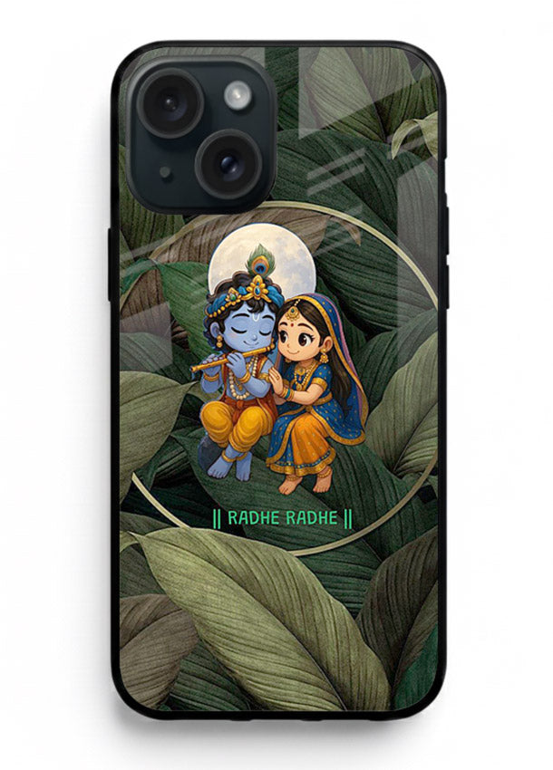 Radha Krishna leaves nature art iphone 15 plus glass green devotional cover