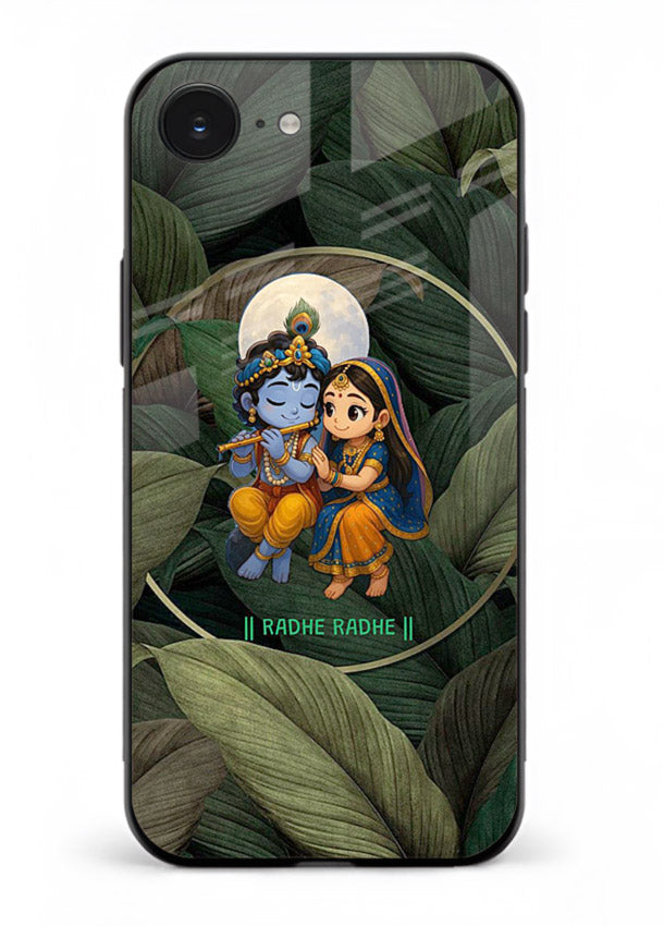 Radha Krishna leaves nature art iphone 16e glass green devotional cover