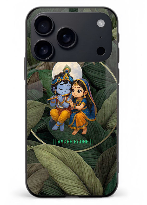 Radha Krishna leaves nature art iphone 18 pro max glass green devotional cover