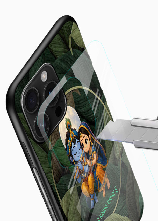 Radha Krishna leaves nature art glossy vibrant premium glass green devotional cover - Angle Blade