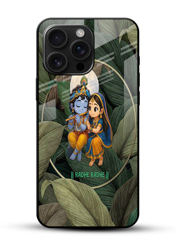 Radha Krishna leaves nature art glossy vibrant premium glass green devotional cover - Angle Front