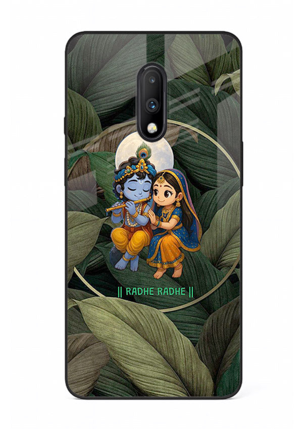 Radha Krishna leaves nature art OnePlus 7 glass green devotional cover