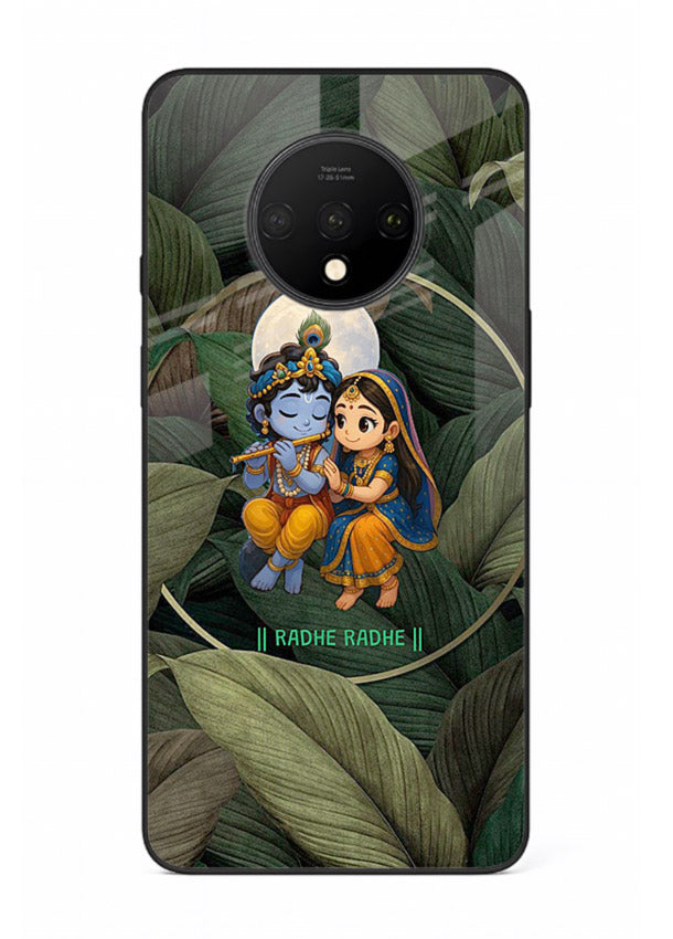 Radha Krishna leaves nature art OnePlus 7T glass green devotional cover