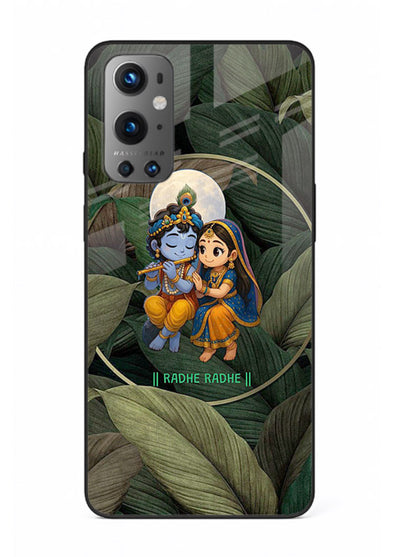 Radha Krishna leaves nature art OnePlus 9 glass green devotional cover