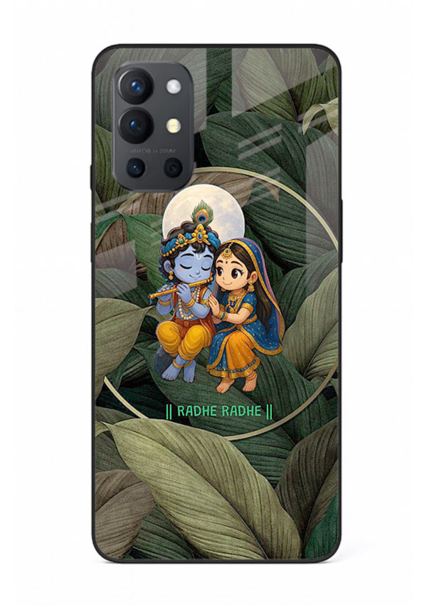 Radha Krishna leaves nature art OnePlus 9R glass green devotional cover