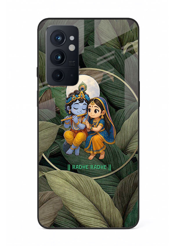 Radha Krishna leaves nature art OnePlus 9RT glass green devotional cover
