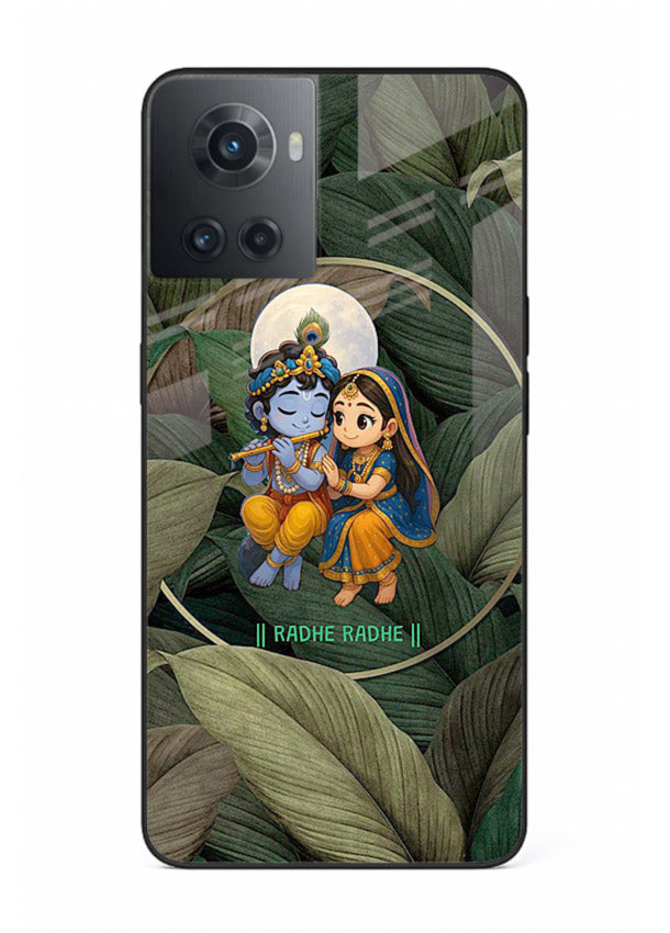 Radha Krishna leaves nature art OnePlus 10R glass green devotional cover