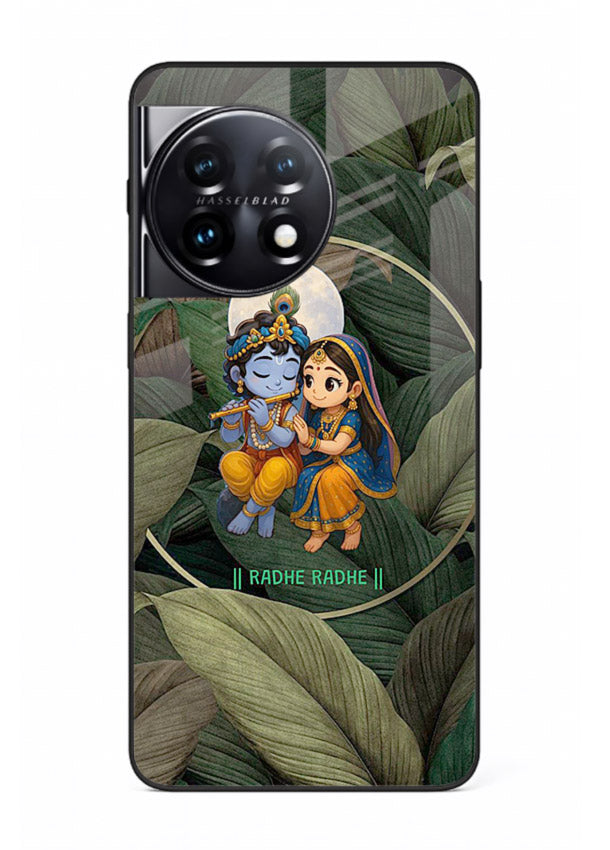 Radha Krishna leaves nature art OnePlus 11R glass green devotional cover