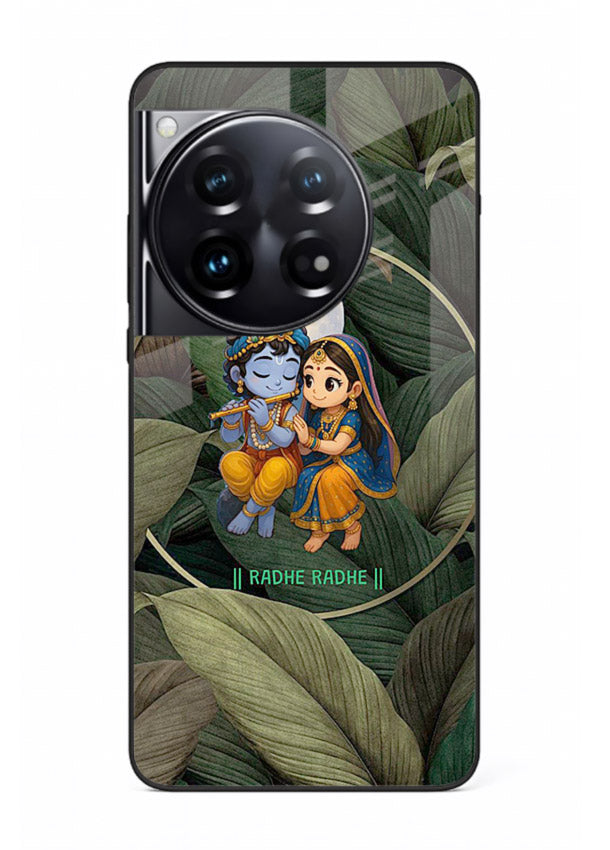 Radha Krishna leaves nature art OnePlus 12 glass green devotional cover