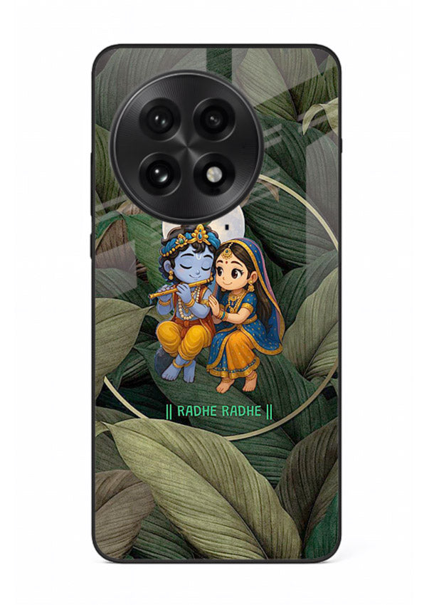 Radha Krishna leaves nature art OnePlus 13R glass green devotional cover