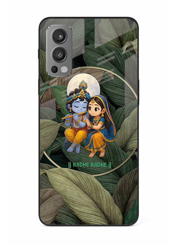 Radha Krishna leaves nature art OnePlus Nord 2 glass green devotional cover