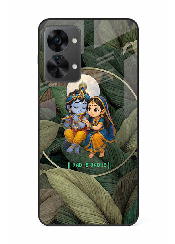 Radha Krishna leaves nature art OnePlus Nord 2T glass green devotional cover