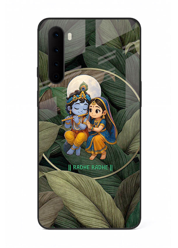 Radha Krishna leaves nature art OnePlus Nord glass green devotional cover