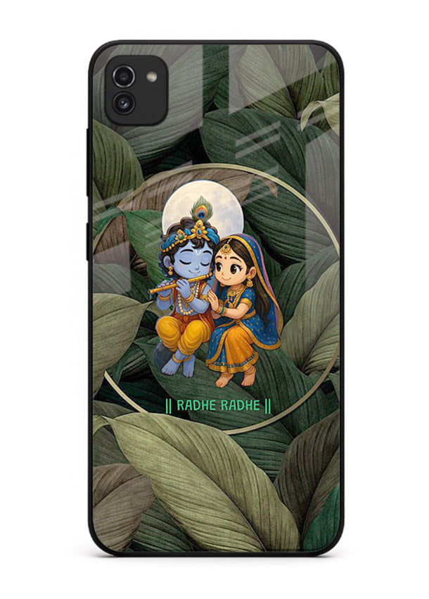 Radha Krishna leaves nature art Samsung A03 glass green devotional cover