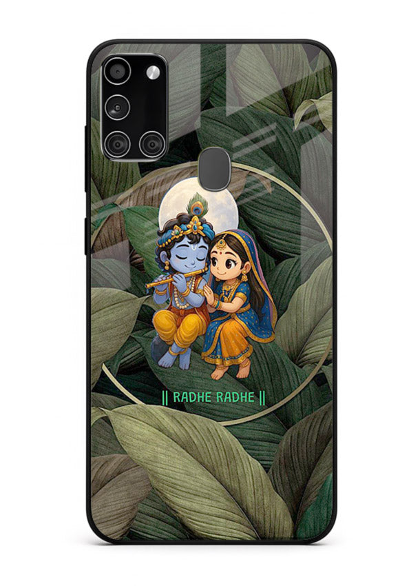 Radha Krishna leaves nature art Samsung A21s glass green devotional cover