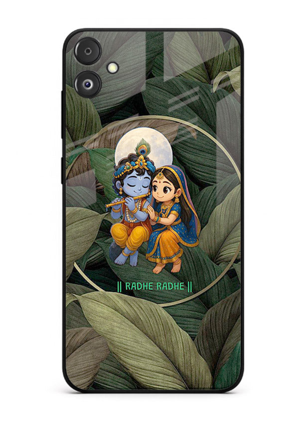 Radha Krishna leaves nature art Samsung F14 5G glass green devotional cover