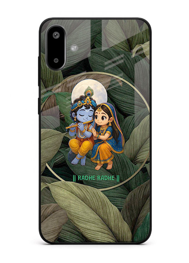 Radha Krishna leaves nature art Samsung F06 5G glass green devotional cover