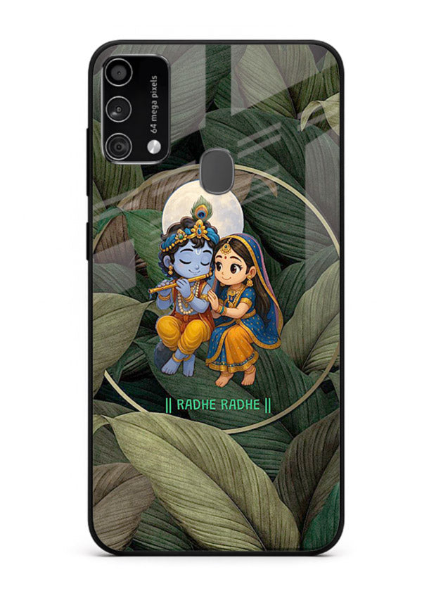 Radha Krishna leaves nature art Samsung F41 glass green devotional cover