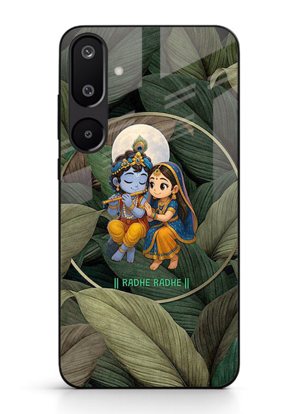 Radha Krishna leaves nature art Samsung F16 5G glass green devotional cover