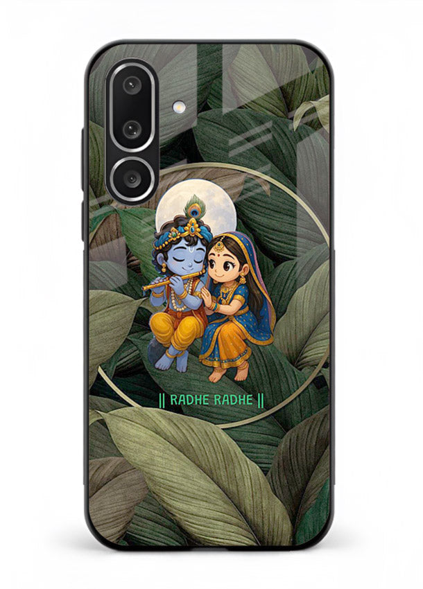 Radha Krishna leaves nature art Samsung M56 5G glass green devotional cover