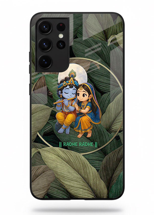 Radha Krishna leaves nature art Samsung S21 Ultra glass green devotional cover