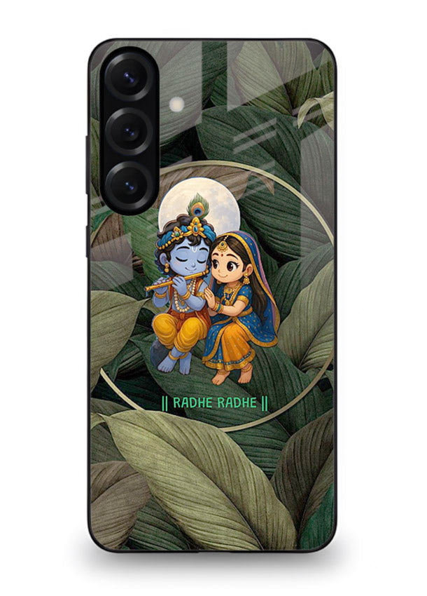 Radha Krishna leaves nature art Samsung A54 5G glass green devotional cover