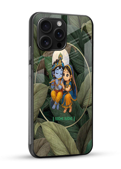 Radha Krishna leaves nature art glossy vibrant premium glass green devotional cover - Angle Side