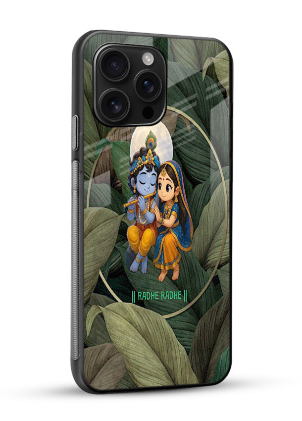 Radha Krishna leaves nature art glossy vibrant premium glass green devotional cover - Angle Side