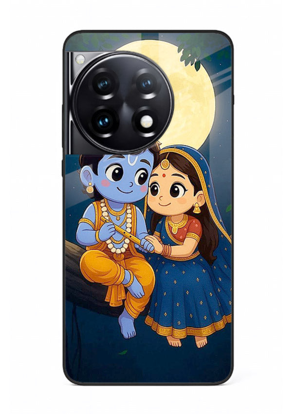 Radha Krishna moonlight romantic art OnePlus 12R glass devotional theme